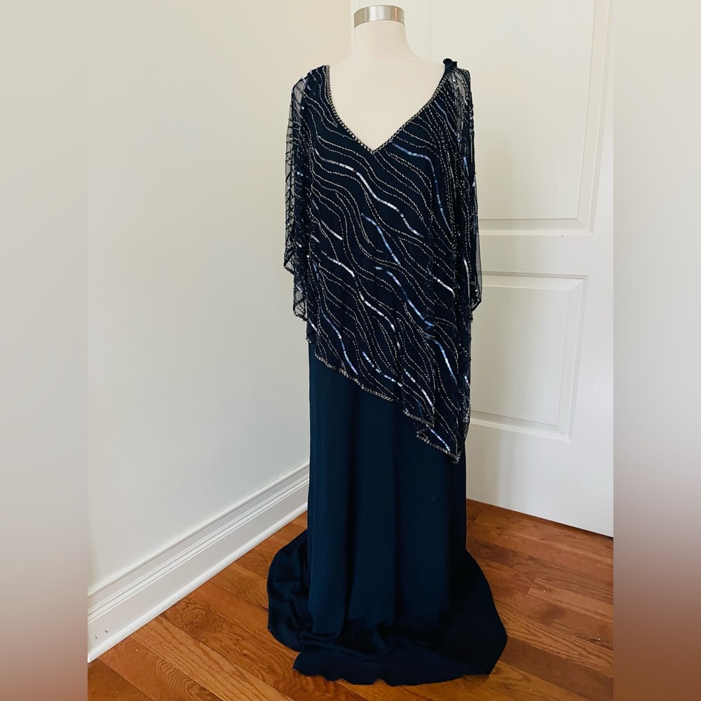 Jkara Navy Asymmetrical Dress with Silver Accents Sz 16w